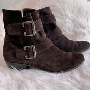 PAUL GREEN Carrie Brown suede moto style Double buckle zip closure ankle Bootie